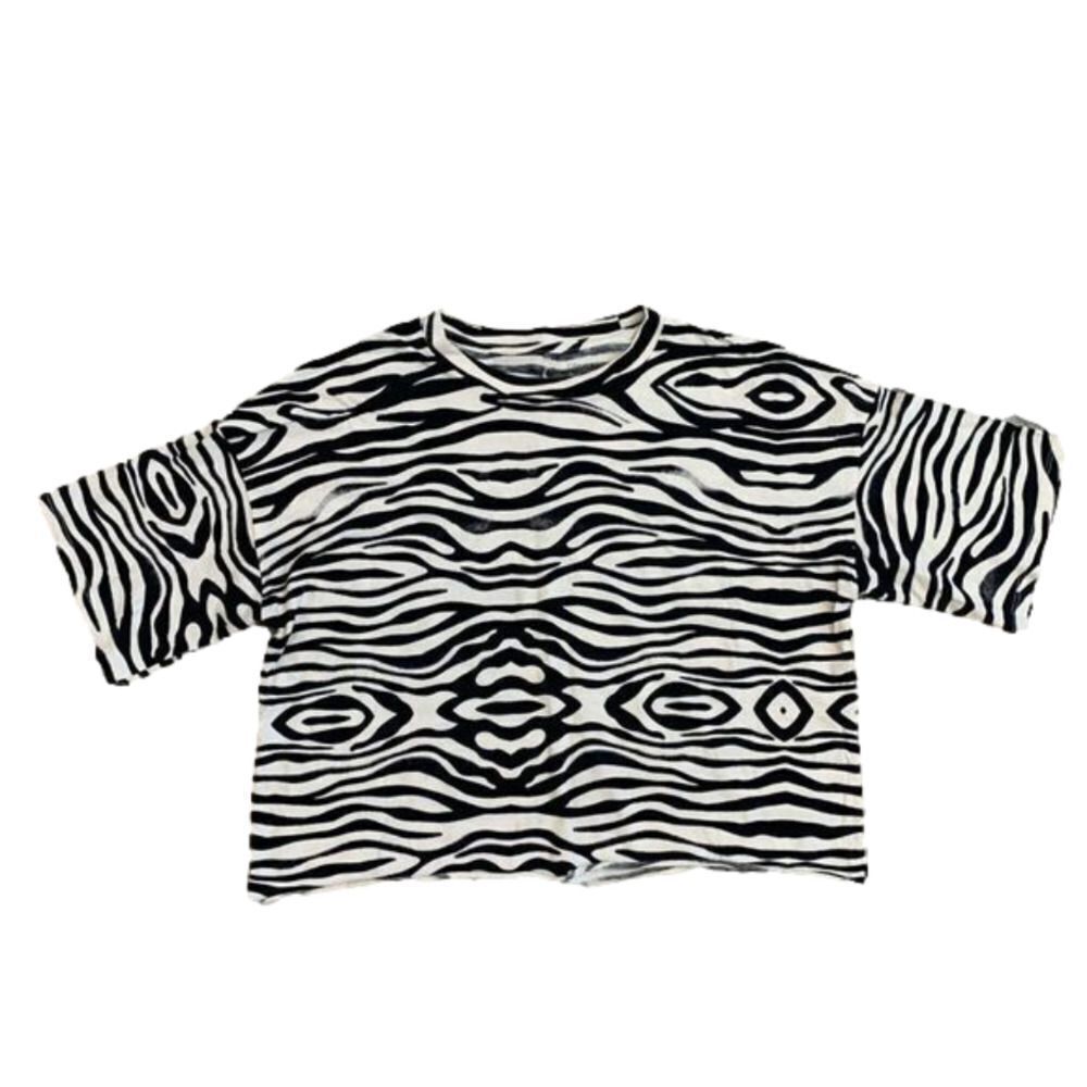 Grayson Threads Zebra Print Black White Short Sleeve Crop Top‎ Large 100% Cotton